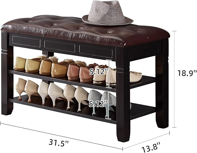 Shoe Storage Bench with Cushion, Entry Bench with Storage Solid Wood Shoe Bench Ideal for Entryway Living Room and Corridor (Black, 31.5'')
