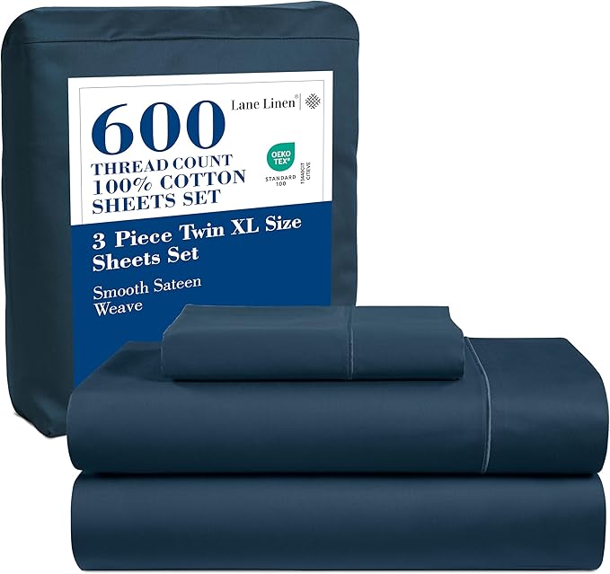 LANE LINEN 100% Cotton 600 Thread Count Twin XL Bed Sheets Set - Fully Elasticized, Cotton Sheets Twin XL Size Bed Set - Soft & Comfy Perfect for Dorm Room, Luxury Hotel Style Sheet - Dark Denim