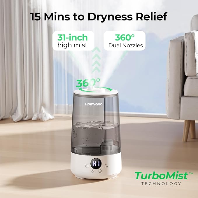 Homvana Humidifiers for Bedroom Home, 3.6 L Cool Mist Top-Fill 34H Super Long Time, Quiet 23dB, Baby Humidifier, Oil Diffuser for Large Room, Plants, Nursery, Office BPA FREE, 7 Color Light Ultrasonic
