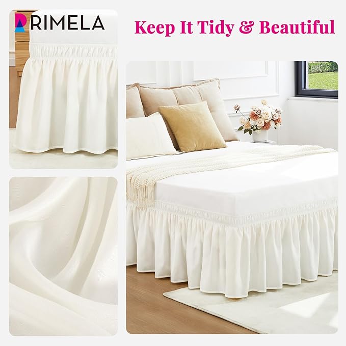 RIMELA Warm White Bed Skirt King Size 15 Inch Drop, Wrap Around Elastic Adjustable Bedskirt, Bed skirting Dust Ruffle for Bed Frame & Box Spring Soft Durable Fabric Machine Washable Easy to Install