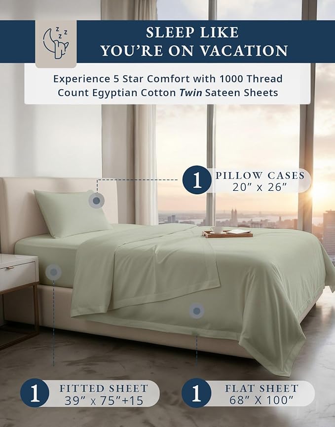 LANE LINEN 100% Egyptian Mercerized Cotton Twin Sheets Set - 1000 Thread Count, Eco Friendly Sustainably Produced No Pill Fade Resistant 15 Iinch Deep Pocket Cotton Sheets Twin - Mineral