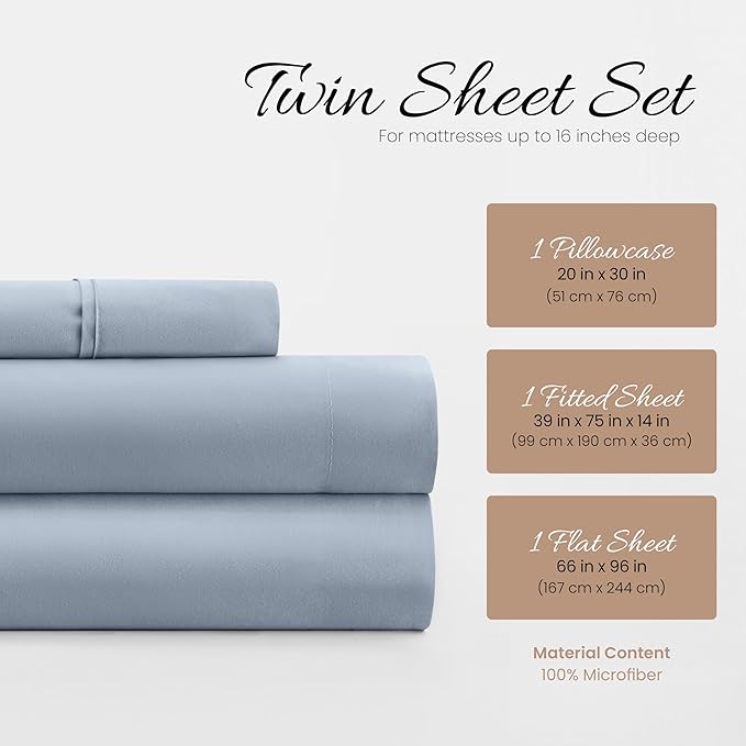 Linen Market Bed Sheets for Twin Size Bed (Light Blue) - Sleep Better Than Ever with These Soft and Cooling Twin Sheets - Deep Pocket Fits 16" Thick Beds - 3 Piece Twin Sheet Set