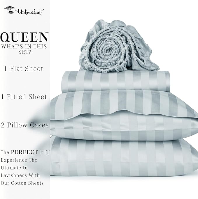 URBANHUT 800 Thread Count 100% Cotton Damask Queen Size Sheets, 4 Piece Striped Queen Size Bedsheets, Luxury Hotel Sheets Sateen Weave - Better Than Egyptian, 16" Elasticized Deep Pocket- Light Blue