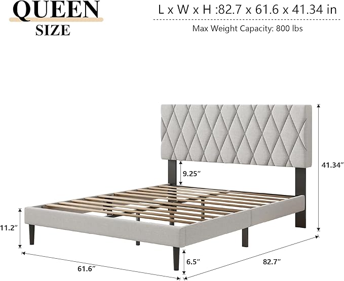 Queen Size Bed Frame with Diamond Tufted Headboard, Linen Upholstered Platform Bed and Wooden Slat Support, Noise-Free, No Box Spring Needed, Easy Assembly, Light Grey