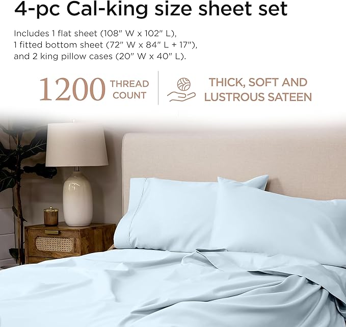 Threadmill California King Sheets, Certified American Supima Cotton Sheets, 1200 Thread Count Hotel Quality Sheet, 4 Piece Luxury Bed Sheets Set with Elasticized Extra Deep Pocket, Light Blue