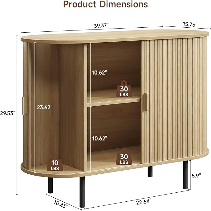 Buffet Cabinet with Storage, Fluted Sideboard Buffet with Sliding Door, Coffee Bar Cabinet with Adjustable Shelf, Console Table, Accent Table for Entryway, Kitchen (Oak, 40 Inch)
