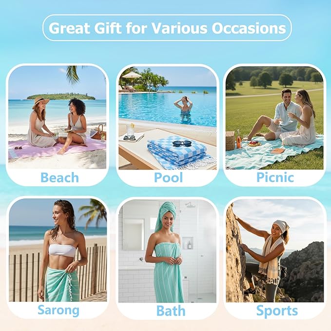 4 Pack Cotton Turkish Beach Towel Lightweight Thin Travel Vacation Essentials Oversized XL Towels Set for Pool Swim Bath Camping Cruise Accessories Must Haves Absorbent Quick Dry Sand Proof Gifts