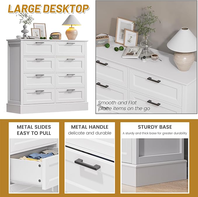 Odeekea White Dresser for Bedroom, Wood Dresser with 8 Drawers, Chest of Drawer for Bedroom Living Room Entryway Hallway, Modern Farmhouse Style
