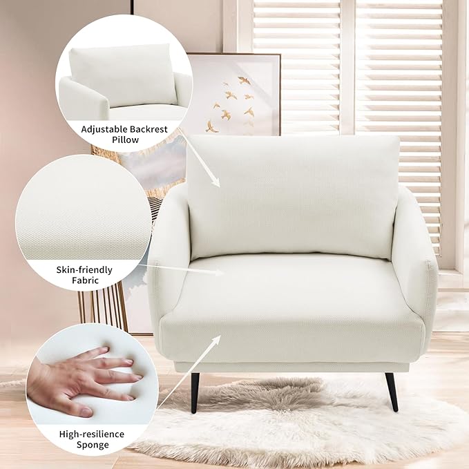 Oversized Accent Chair for Living Room Cozy Reading Chairs Mid-Century Modern Accent Chairs Armchair with Metal Legs Single Sofa Chair for Home Office (1-PCS, Polyester Fabric- Pearly White)