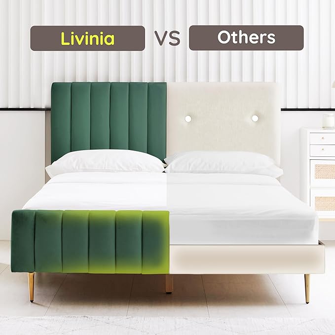 Livinia Full Size Elton Velvet Platform Bed, Upholstered Bed Frame with Vertical Channel Tufted Headboard Footboard, Strong Wood Slats, No Box Spring Needed, Green (Full)