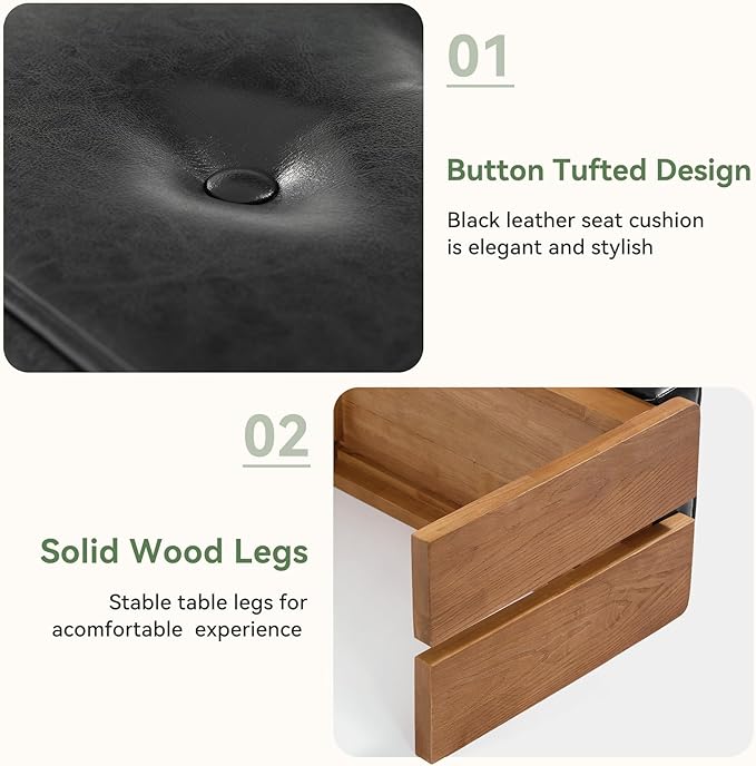 47-Inch Solid Wood Entryway Bench, Modern End of Bed Bench with Button-Tufted Leather Pad and Wooden Legs, for Living Room, Bedroom, Kitchen, Hallway, Black & Brown