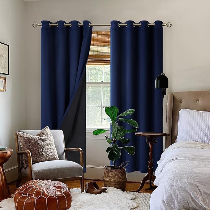 BGment Thermal Insulated 100% Blackout Curtains for Bedroom with Black Liner, Double Layer Full Room Darkening Noise Reducing Grommet Curtain (52 x 72 Inch, Navy Blue, 2 Panels)