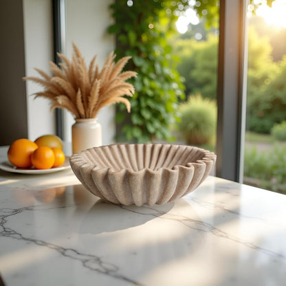 10" Large Decorative Bowl decor, Scalloped Bowls for Modern Home Decor,Ruffle Decor,Stylish Key Bowl for Entry Table,Decorative Fruit Bowl for Kitchen Counter,Artificial Stone Beige
