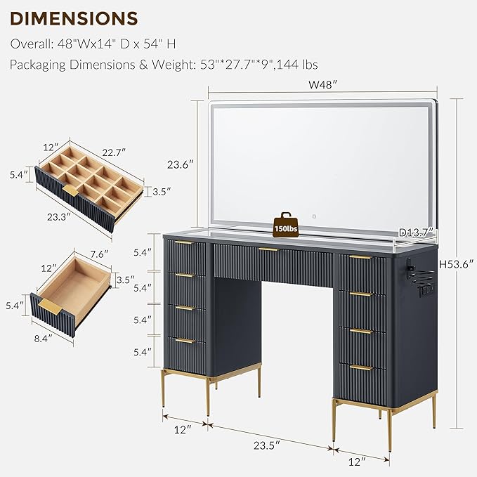 T4TREAM 48" Fluted Makeup Vanity Desk with 48" Large Mirror and HD LED Lights, Modern Vanity Table with Charging Station, Glass Top and Golden Handles Dressing Table for Bedroom,Dark Grey