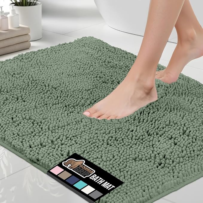 GORILLA GRIP Bath Rug Mat, Soft Absorbent Chenille, Quick Dry Microfiber Mats, Rubber Backing Washable Shower Floor Rugs, Bathmat Runner, US Designed Bathroom Home Decor Accessories 24x17 Sage Green