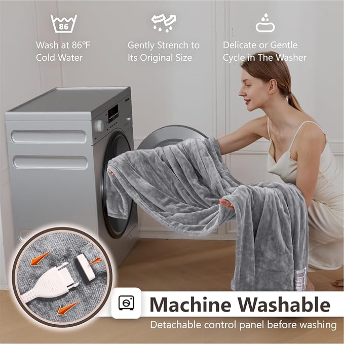 Wapaneus Heated Blanket Electric Queen Size 84"x90"-Dual Control with 10 Heat Levels 12 Timer Settings and 8 Hours Auto-Shut Off,Fast-Heating Electric Blanket,ETL Listed Machine Washable,Light Grey