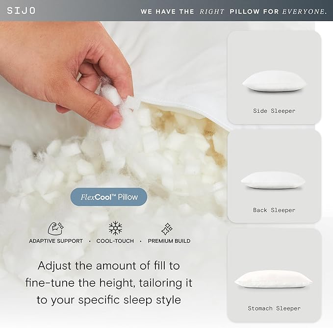 Sijo FlexCool Shredded Memory Foam Pillow - Adjustable Bed Pillow Last Cooling Surface - Good Housekeeping 2025 Bedding Award Winner - CertiPUR-US - Medium Firm for Back, Side, Stomach Sleeper (Queen)