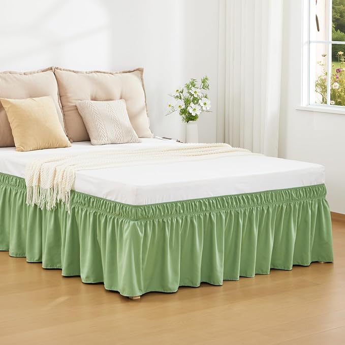 RIMELA Light Green Bed Skirt Queen Size 15 Inch Drop, Elastic Bed Skirting for Adjustable Bed Base and Frame, Bedding Dust Ruffle Easy to Install, Wrap Around Bedskirt