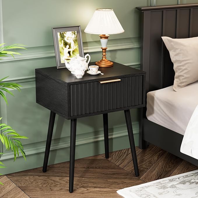 VINGLI Fluted Nightstand with Drawer, 19" W Mid Century Modern Nightstand for Bedroom, Bedside Table, End Tables Bedroom, Wood Night Stand, Black, 18.9" W*14.96" D*24" H