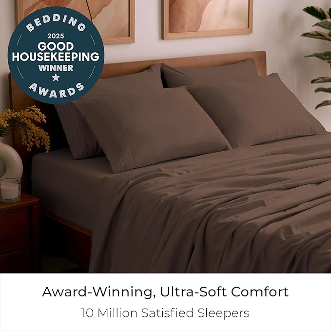 Mellanni Full Sheet Set - 6-Piece Iconic Collection Bedding, (Including 4 Pillowcases), 16-Inch Deep Pocket, Easy Care, Extra Soft, Cooling Sheets, Brushed Microfiber - Brown
