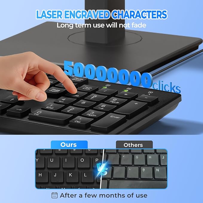Wired Computers Keyboard with Cover Comfortable Hand Feel,Laser Engraved Characters,12 Multimedia Keys USB Interface Suitable for Laptop PC,Full Size 104 Keyboards, Plug and Play, Office
