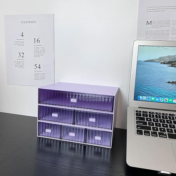 Stackable Office Supplies Drawer Organizer, Plastic Storage Drawer, Desk Grocery Organizer For Stationery (Purple, 3 Compartments)