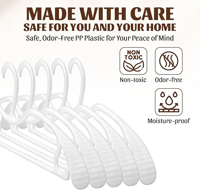 24 Pack Upgraded Short Neck Vertical Space Saver Hangers Heavy Duty Wide Shoulder Clothes Hangers Built-in Dual Hooks Wave Pattern Non-Slip Plastic Hangers for Coats Suits Dresses Pants - White