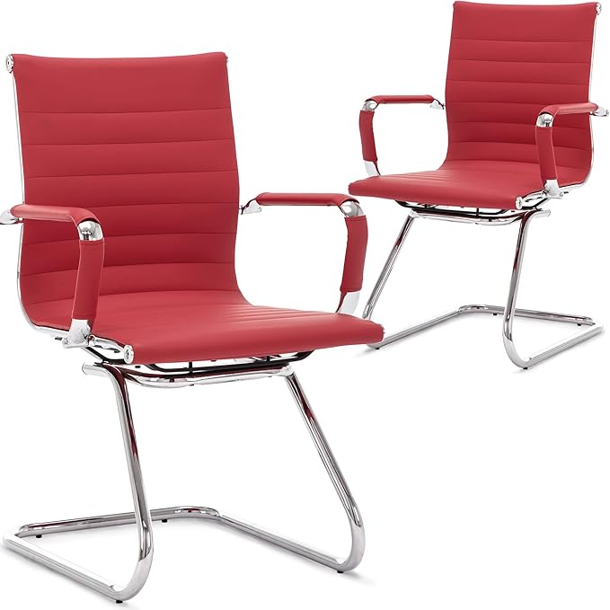 Wahson Office Guest Chairs Set of 8, Leather Reception Chairs, Mid Back Waiting Room Chair, Conference Chairs with Sled Base, Desk Chair No Wheels for Meeting/Lobby/Restroom, Dark Red