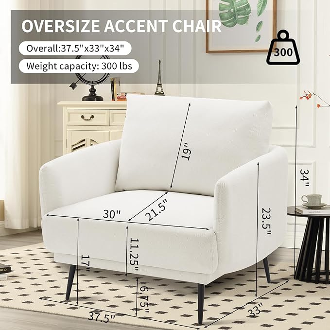 Oversized Accent Chair for Living Room Cozy Reading Chairs Mid-Century Modern Accent Chairs Armchair with Metal Legs Single Sofa Chair for Home Office (1-PCS, Polyester Fabric- Pearly White)
