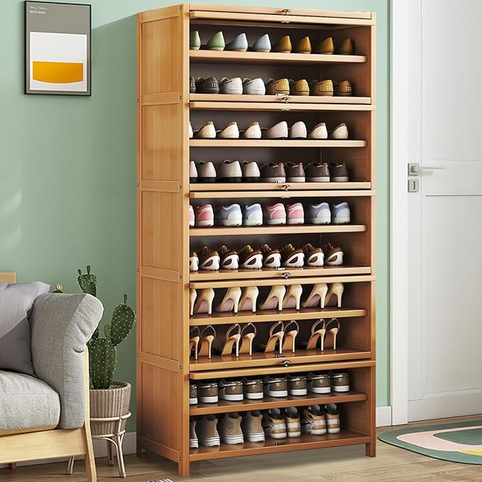 Bamboo Shoe Cabinet with Acrylic Door,10-Tier Shoe Storage Rack, 40-45 Pairs Freestanding Shoe Rack, Entrance Shoe Cabinet for Hallway Living Room