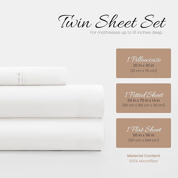 Linen Market Brushed Microfiber Twin XL Sheet Set 3 Piece – Oeko-TEX Certified Ultra Soft & Wrinkle-Free - 16" Deep Pocket Sheets - Easy Care Twin XL Size - White