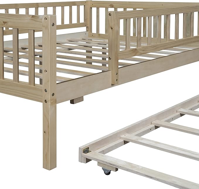 Bellemave Full Size Bed Frames with Rails for Kids, Full daybed Frame with Trundle for Boys/Girls/Adults， Natural