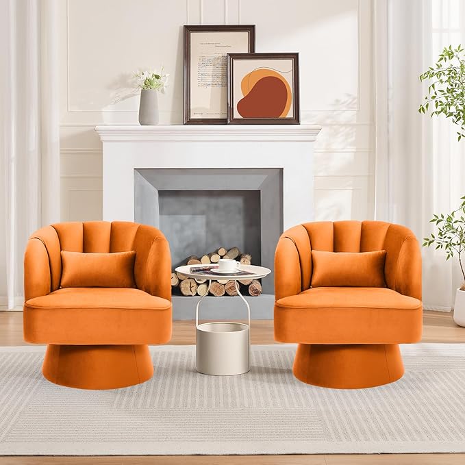GarveeHome Modern Swivel Barrel Accent Chair, 360° Velvet Upholstered Armchair with Striped Backrest & Plush Padding, Comfy Round Lounge Chair (2, Orange + Velvet)