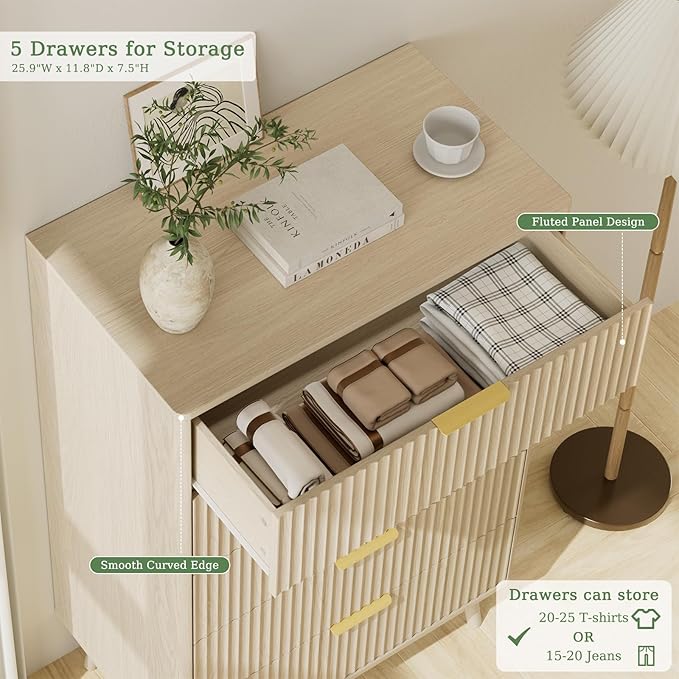LYNSOM Fluted 5 Drawers Dresser, 45" Tall Modern Chest of Drawers with Curved Profile Design and Metal Handle, Wood Drawer Organizer for Bedroom, Living Room, Hallway, Entryway, Beige