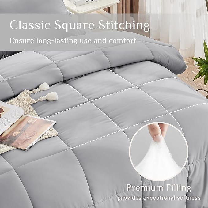 JOLLYVOGUE Twin XL Comforter Set, Ultra-Soft Bed in a Bag Twin XL Size 5 Pieces, Oeko-TEX Certified Bedding Set with Down Alternative Comforter, Sheets, Pillowcases & Shams, Light Grey
