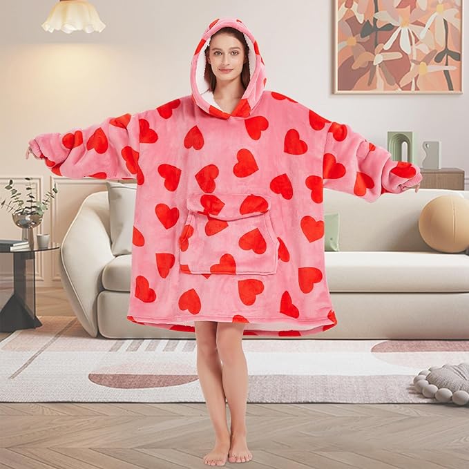 Wearable Blanket Hoodie for Adult,Oversized Sherpa Fleece Blanket Hoodie for Women Men,Heart