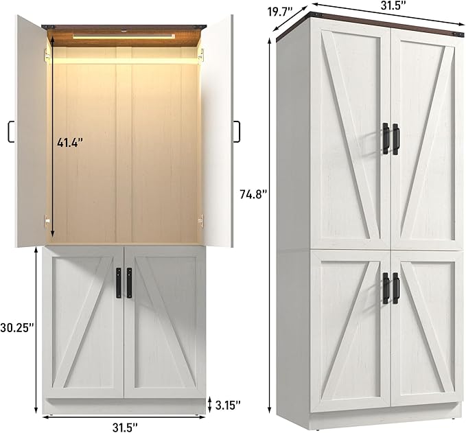 75" Tall Farmhouse 2 Doors Armoire Wardrobe Closet with LED,Freestanding Closet Wardrobe Cabinet for Bedroom with Hanging Rod,Wooden Armoire Storage Cabinet Adjustable(Rustic Off White)