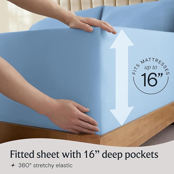 LuxClub 4 PC King Sheet Set, Deep Pockets Wrinkle Free Cooling Bed Sheets Hotel Bedding for Women, Men, Includes 1 Fitted Sheet, 1 Flat Sheet and 2 Pillowcases-Soft Sky