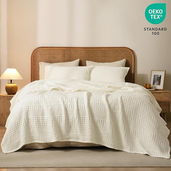 PHF 100% Cotton Waffle Weave Blanket King Size for Bed, Soft Lightweight & Breathable, All-Season Comfort, Luxury Aesthetic Woven Bedding for Home Decor, 108"x90", Cannoli Cream