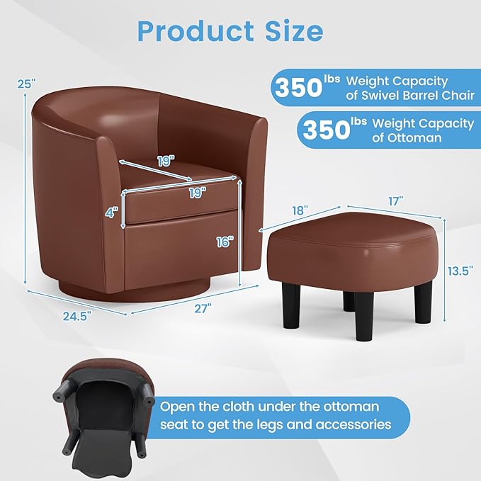 Giantex Swivel Small Accent Chair with Ottoman, Modern Faux Leather Barrel Club Chair w/Footrest, Removable Seat Cushion, Swivel Single Sofa Arm Chair for Living Room, Bedroom, Office (Brown)