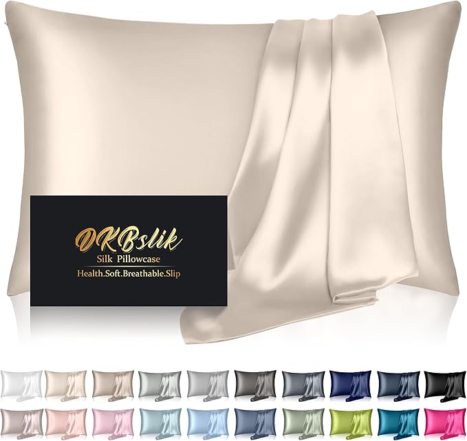 Silk Pillowcase for Hair and Skin, Mulberry Silk Pillow Cases King Size, Anti Acne Cooling Beauty Sleep Both Sides Natural Silk Satin Pillow Case Covers with Hidden Zipper, Gifts for Women Men, Beige