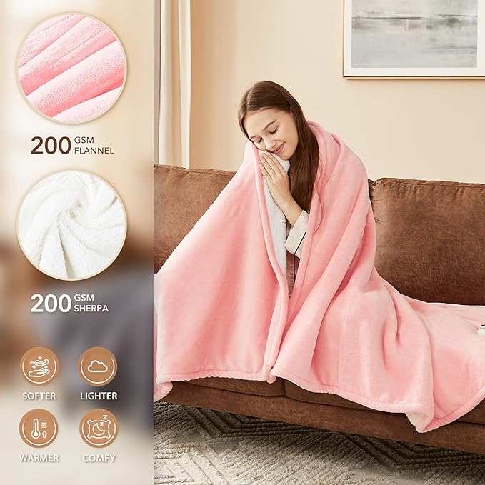Homemate Electric Heated Blanket Twin Size - 62"x84" Heating Blanket Twin Size 1/2/4/6/8 Hours Auto-Off 10 Heat Level Over-Heat Protection Flannel Sherpa ETL Certification
