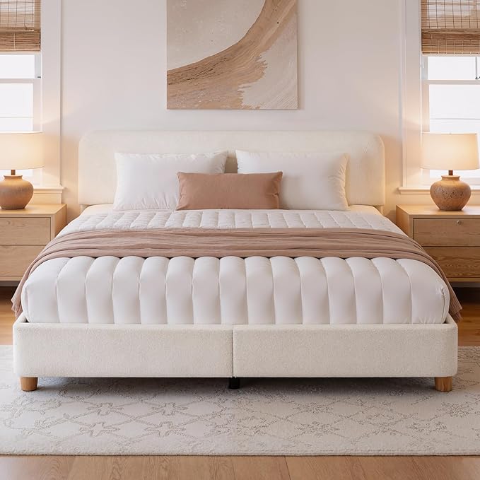 King Size Cloud Bed Frame, Upholstered Boucle Bed Frame with Adjustable Headboard, Solid Wood Legs, Rounded Corners Design & Easy Assembly – Modern Platform Bed,Cream
