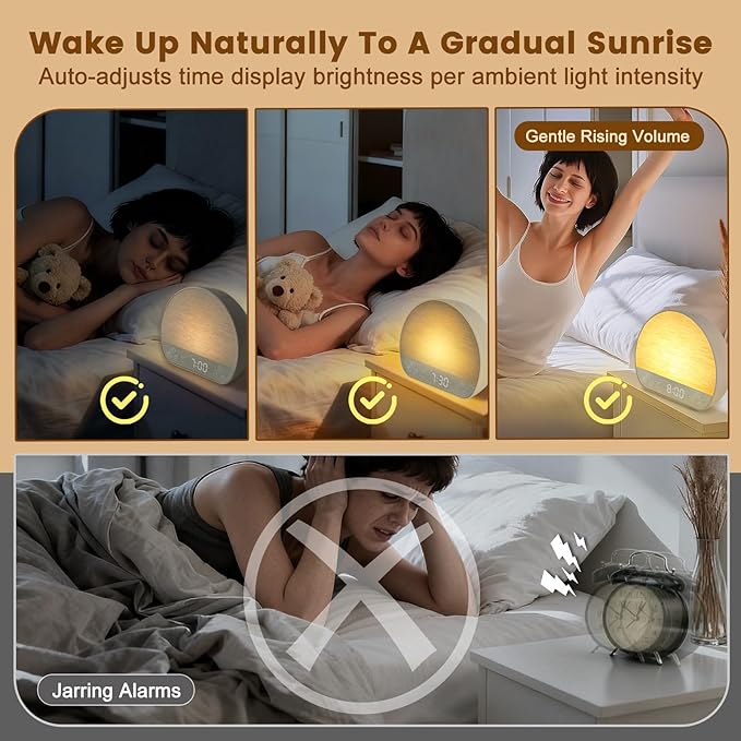 Sunrise Alarm Clock Sound Machine, Wake Up Light - Bluetooth Speaker, Dual Alarms, Dimmable Clock, USB Charging, Snooze, 37 Sleep Sounds, 15 Colors, Timer-Night Light for Heavy-Sleepers Gift