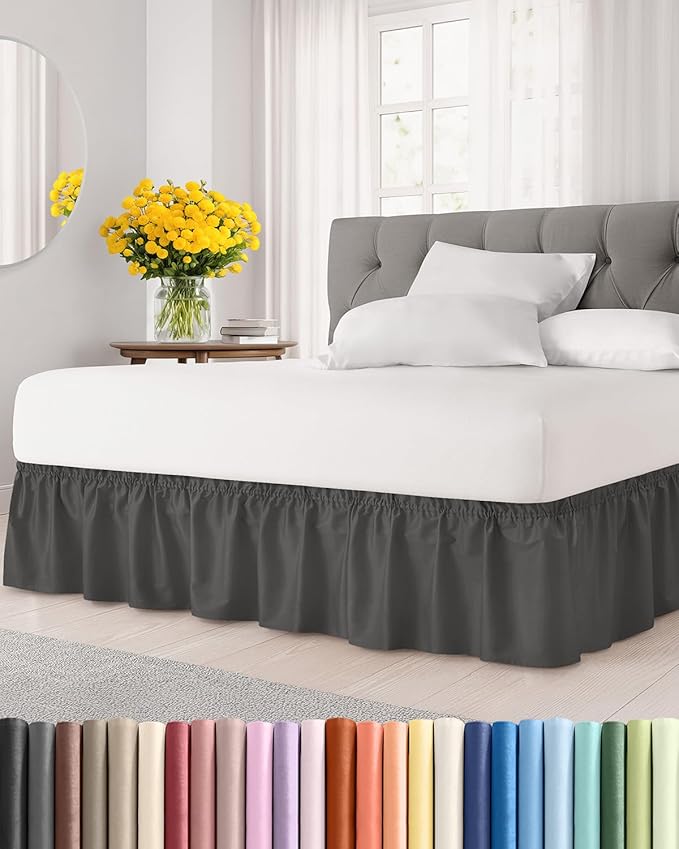 Wrap Around Dust Ruffle Bed Skirt - Charcoal - for Full Size Beds w/ 15 Inch Drop - Easy Fit Elastic Strap - Adjustable Pleated Bedskirt w/Brushed Fabric - Wrinkle Free - for Women, Men, Kids & Teens