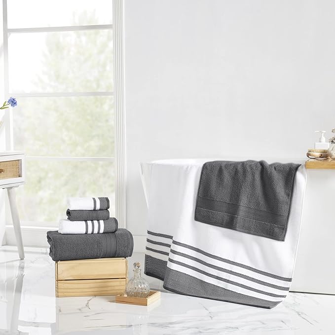 Modern Threads 6 Piece Set, 2 Bath Towels, 2 Hand Towels, 2 Washcloths, Quick Dry White/Contrast Reinhart Coal