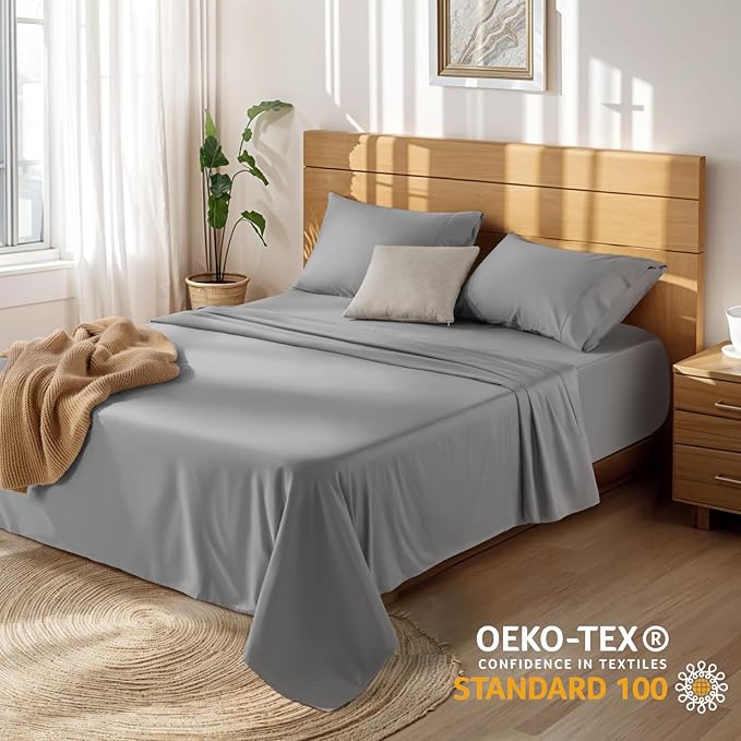 LBRO2M 100% Cotton Sheets Set Deep Pocket 19", 1000 Thread Count King Size 4 Piece Bed Sheet Sets Soft Comfortable Bedding All Season (King, Gray)