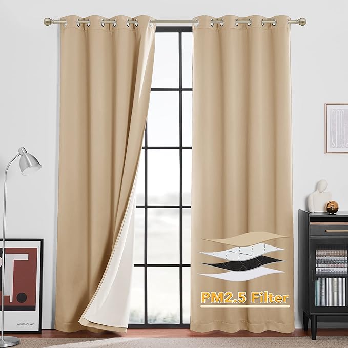 RYB HOME 4-in-1 Dust Filtering Curtains, Mountain Fires Smog Filter Drapes with Melt-Blown Fabric Noise Reducing Window Curtains for Nursery Bedroom, W52 x L84 inch, Biscotti Beige?2 Panels