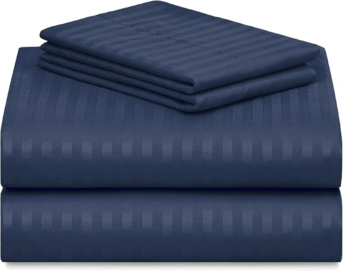 LuxClub 4 PC Full Sheet Set, Deep Pockets Wrinkle Free Cooling Bed Sheets Hotel Bedding for Women, Men, Includes 1 Fitted Sheet, 1 Flat Sheet and 2 Pillowcases-Striped - Navy