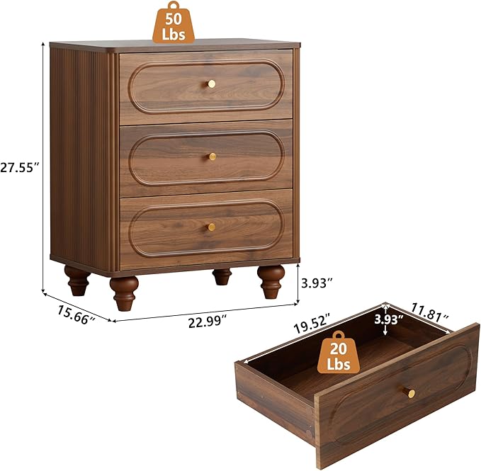 3 Drawer Fluted Dresser for Bedroom Set of 2, Mid Century Modern Chest of Drawers, Wood Storage Small Dresser Organizer for Bedroom Living Room Hallway Closet, Walnut